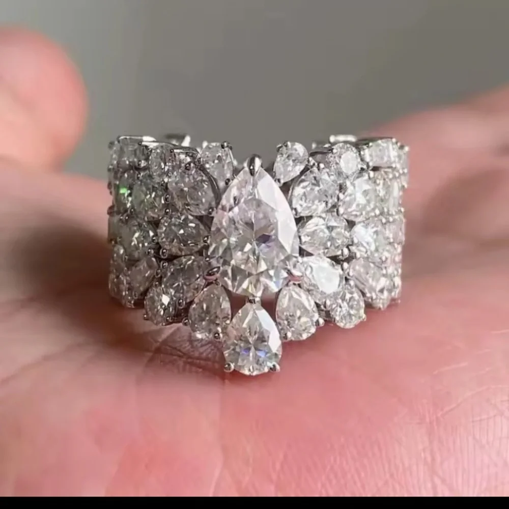 Luxury 18k White Gold Plated with Moissanite Teardrop Cluster Ring 7 1/2